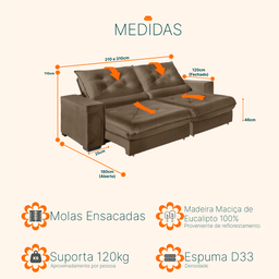 Sofá Retrátil e Reclinável 2,10m Suede Cancún Marrom Castor - 3