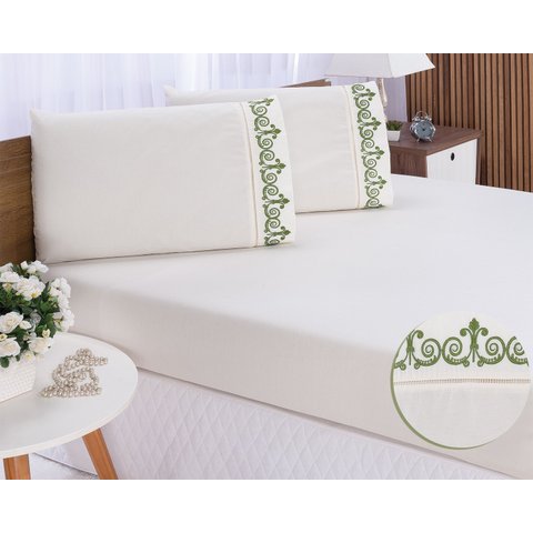 Jogo lençol quarto casal Queen bordado 3peça Palha com Verde