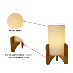 Luminária Mesa Abajur de Mesa Tecido Linho Cor Palha Pés Madeira Fio 1,5m 127/220v - 2
