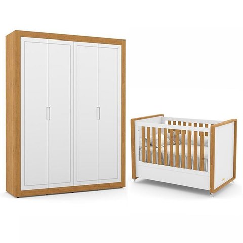 Jogo de Quarto Infantil Tutto New com Guarda Roupa 4 Portas e Berço Branco Soft/Freijó - Matic Móvei