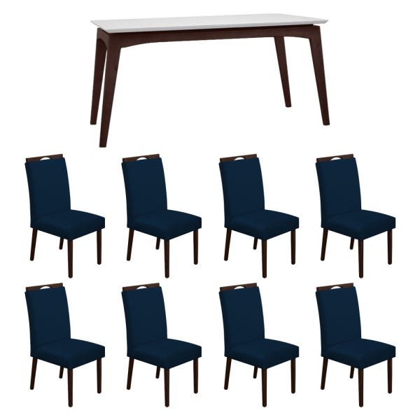 Conjunto Mesa de Jantar Off White 160x90cm Castanho 8 Cadeiras Estofadas Preto - 1
