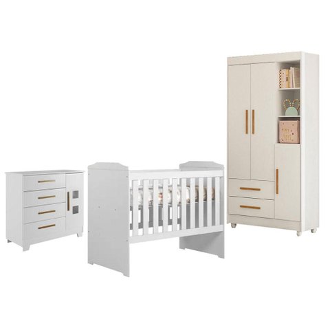 Guarda Roupa Flocos com Cômoda Fly e Berço Americano Carinho Branco Acetinado - Tigus
