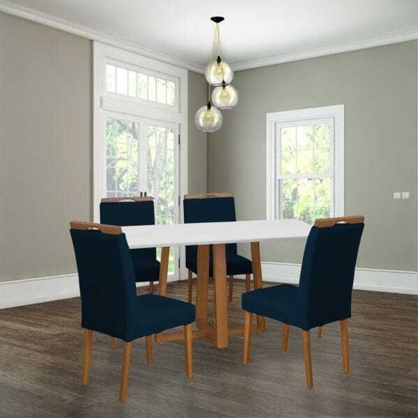 Conjunto Mesa De Jantar Carol Off White 160x90cm Mel 4 Cadeiras Estofadas Azul - 1