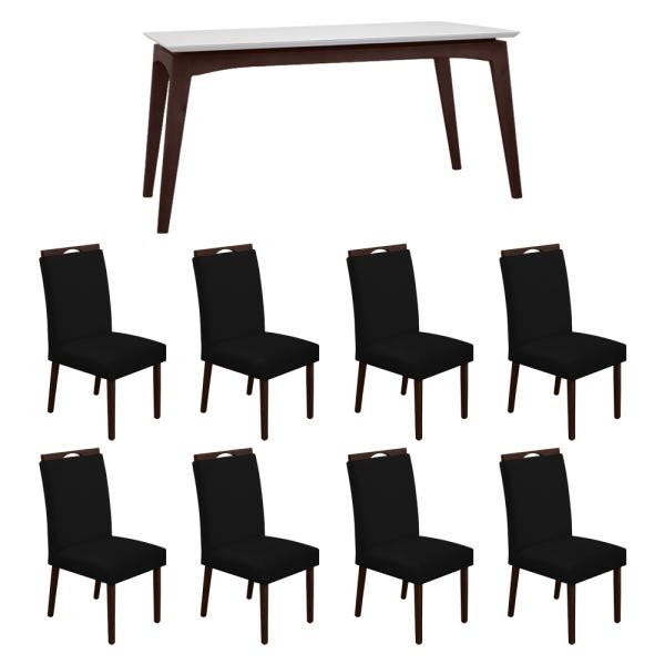 Conjunto Mesa De Jantar Off White 160x90cm 3D Castanho 8 Cadeiras Estofadas Castanho Preto - 1