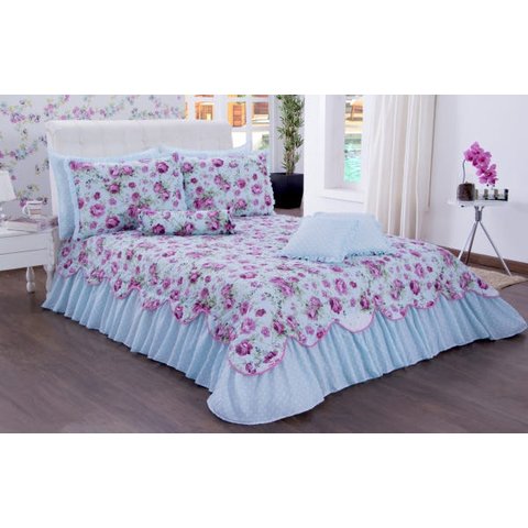 Kit Colcha Cobreleito Queen Size Belize 06 Peças Estampado Verde Água