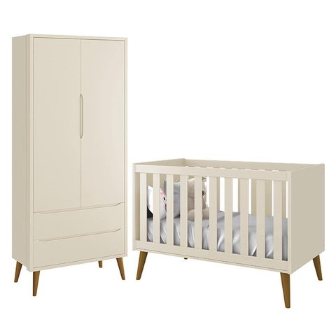 Jogo de Quarto Infantil Theo Retrô Guarda Roupa 2 Portas e Berço Areia Fosco com Pés Amadeirado