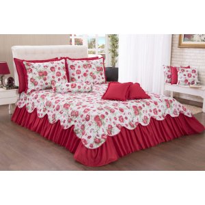 Kit Colcha Cobreleito Belize casal queen 06 pçs floral vermelho