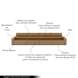 Sofá Retrátil 8 Lugares 524cm 4 Módulos Nero com USB Couro Caramelo G52 - Gran Belo - 4