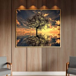 Quadro Decorativo Tela Canvas Paisagem Arvore da Vida Com Moldura Dourada - 150x80 cm - 2