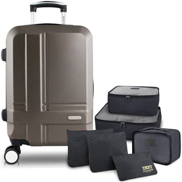 Mala de Bordo Viagem Pequena Abs Rígida Rodinhas 360 + Kit Organizador 6 Peças - Cinza - 1