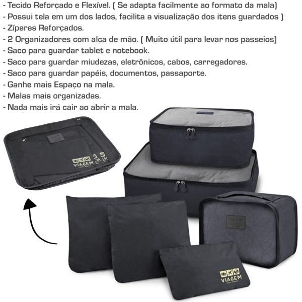 Mala de Bordo Viagem Pequena Abs Rígida Rodinhas 360 + Kit Organizador 6 Peças - Cinza - 4