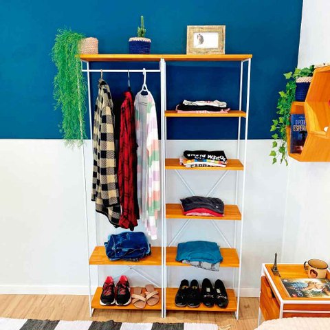 Armário Arara Closet Completo Modular Slim Carvalho e Branco