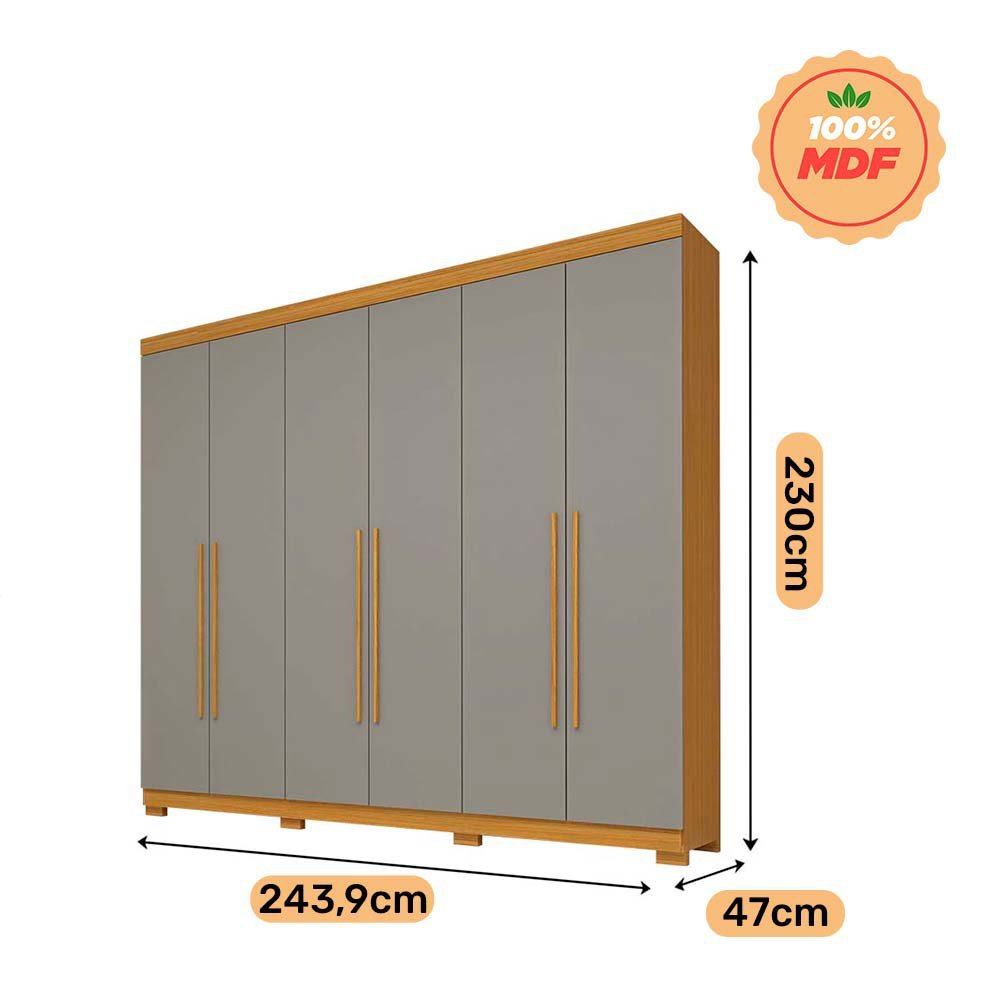 Guarda Roupa Casal 6 Portas 4 Gavetas Núbia Nature/Grafite 100% MDF - 4