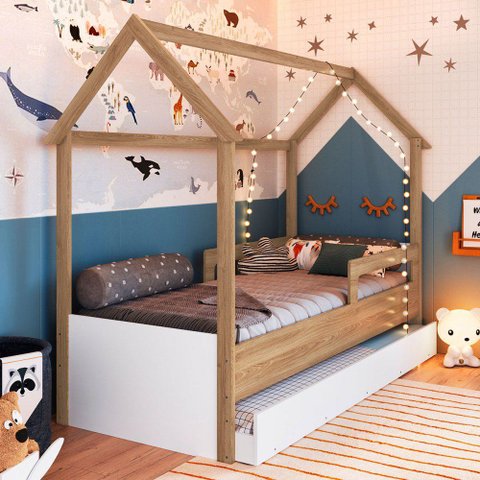 Cama Infantil Montessoriana sem Colchão com Cama Auxiliar Oak/Branco - Completa Móveis