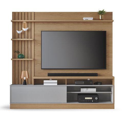 Home Theater Braga para TV até 65 Polegadas com LED 1 Porta 4 Nichos Freijó/Cinza - Bela Móveis