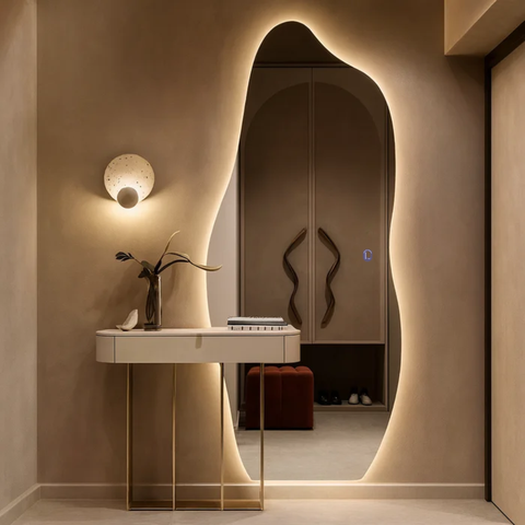 Espelho Grande Corpo Inteiro Lapidado Orgânico Decorativo 115x60cm Luxo com Led Fria 6500k