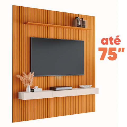Painel para Tv até 75 Polegadas 2,25x2,40m Ripado com Nicho Arbo Cedro/off White Edn