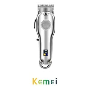 Maquina Corta Cabelo Profissional Recarregável Display Lcd Kemei 1986 Prata Original Luuk Young
