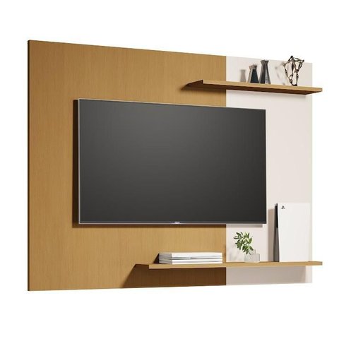 Painel Suspenso Mênfis para Sala com Detalhe Ripado e Organizador Cedro/off