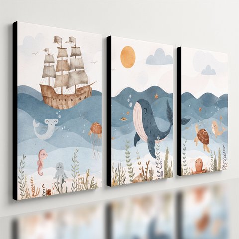 Kit 3 Quadro Decorativo Mar Infantil Quarto Criança Navio Qualidade Premium 40x28cm