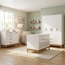 Ver imagem 1 de Quarto de Bebê Completo 3 Peças com Berço Minicama 2 em 1, Cômoda e Guarda Roupa 4 Portas em MDF Flip Branco Fosco