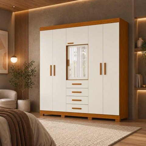 Guarda Roupa Casal Virtus 6 Portas de Bater 4 Gavetas MDP Cinamomo Off White com Espelho 220cm