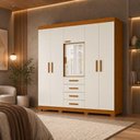 Ver imagem 1 de Guarda Roupa Casal Virtus 6 Portas de Bater 4 Gavetas MDP Cinamomo Off White com Espelho 220cm