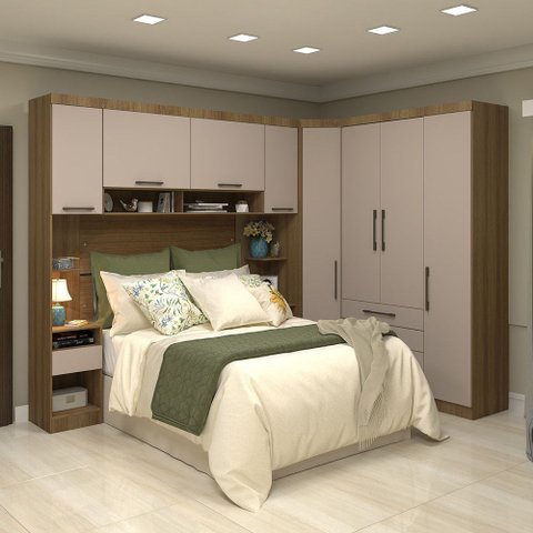 Quarto Modulado Queen Canto Diagonal  Guarda-roupas Maleiro e Cabeceira Paris Master Luciane Móveis