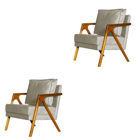 Kit 2 Poltronas Decorativa Mona Madeira Maciça Suede Bege