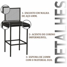 Banqueta Alta Angola Preta com Encosto Aço e Assento Estofado Corino Cozinha Bar Gourmet 99cm - 4