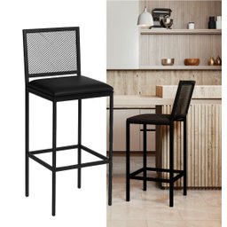 Banqueta Alta Angola Preta com Encosto Aço e Assento Estofado Corino Cozinha Bar Gourmet 99cm - 1
