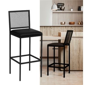 Banqueta Alta Angola Preta com Encosto Aço e Assento Estofado Corino Cozinha Bar Gourmet 99cm