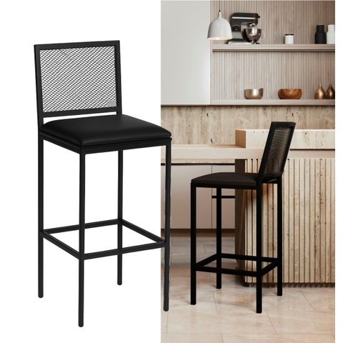 Banqueta Alta Angola Preta com Encosto Aço e Assento Estofado Corino Cozinha Bar Gourmet 99cm