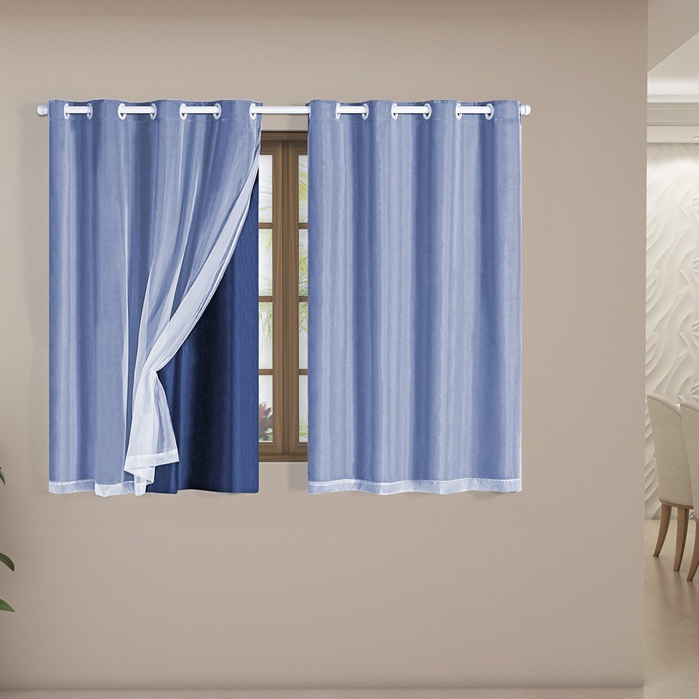 Cortina Blackout com Voil 2,80m X 1,80m Pvc Blecaute com Voal Corta Luz Sala Quarto Janela Marinho