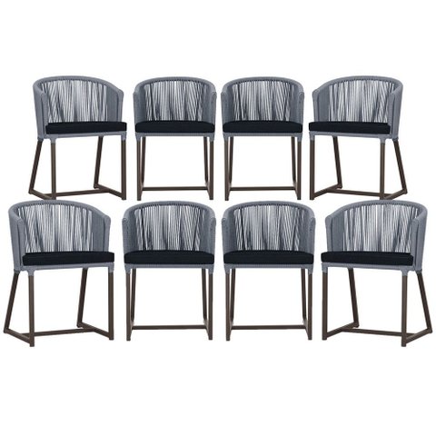 8 Cadeiras de Jantar Área Noronha em Alumínio com Pintura Marrom Corda Náutica Estofado 12 Trama Ori