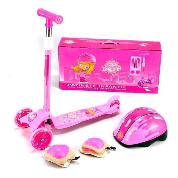 Kit Patinete 3 Rodas + Acessórios de Segurança Unitoys Rosa - 1