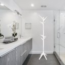 Ver imagem 2 de Mancebo Cabideiro Chão Reticulado em Madeira com Arara de Roupas e Bolsa - Branco