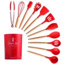 Ver imagem 7 de Kit Utensílios De Cozinha Cabos em Madeira e Silicone 11 Peças + Pote Organizador - Premium - - Verm