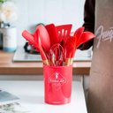 Ver imagem 1 de Kit Utensílios De Cozinha Cabos em Madeira e Silicone 11 Peças + Pote Organizador - Premium - - Verm