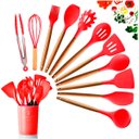 Ver imagem 6 de Kit Utensílios De Cozinha Cabos em Madeira e Silicone 11 Peças + Pote Organizador - Premium - - Verm