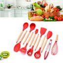Ver imagem 5 de Kit Utensílios De Cozinha Cabos em Madeira e Silicone 11 Peças + Pote Organizador - Premium - - Verm