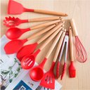 Ver imagem 2 de Kit Utensílios De Cozinha Cabos em Madeira e Silicone 11 Peças + Pote Organizador - Premium - - Verm