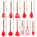 Ver imagem 4 de Kit Utensílios De Cozinha Cabos em Madeira e Silicone 11 Peças + Pote Organizador - Premium - - Verm