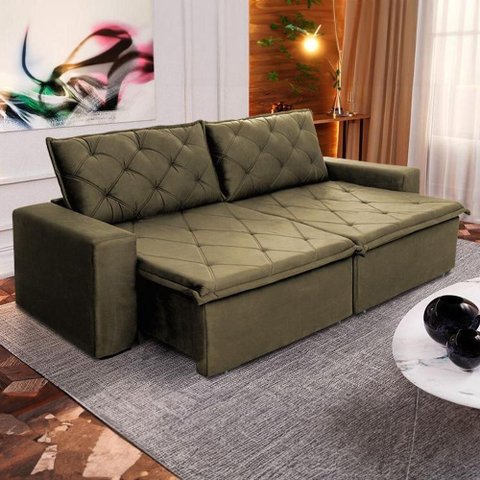 Sofá Cama Bangkok sem Caixa 2,30m Retrátil e Reclinável com Molas Velut Marrom Claro- King House
