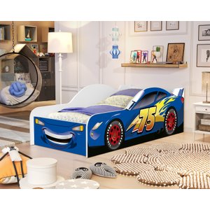 Cama Carro Infantil Juvenil de Mdf Adesivada Mcqueen Azul com Proteção Lateral