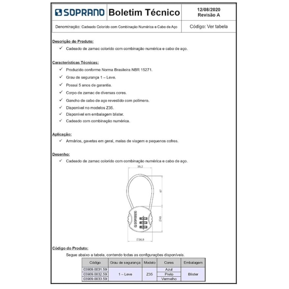 Cadeado de Zamac Segredo Numérico Vermelho Z35 Soprano - 3