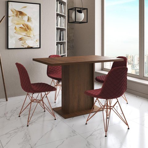 Mesa Jantar Londres Tampo Amêndoa 120cm 4 Cadeiras Base Cobre Estofado Vermelho