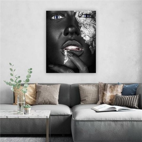 Quadro Sala Mulher Negra Prata Abstrata Canvas