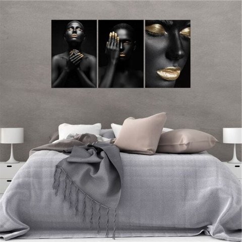 QUADRO 90X60CM 3PÇS MULHERES NEGRAS DOURADO CANVA