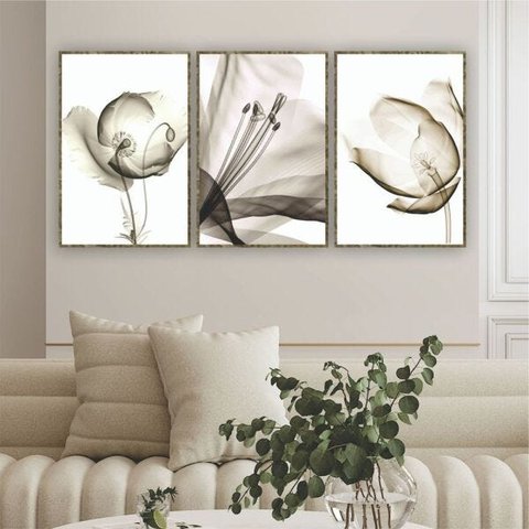 QUADRO 67X45CM 3PÇS FLOR RAIO-X MARROM MOLD DOURA